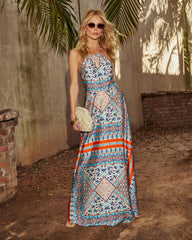 Valia Abstract Slip Halter Maxi Dress