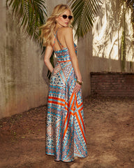 Valia Abstract Slip Halter Maxi Dress