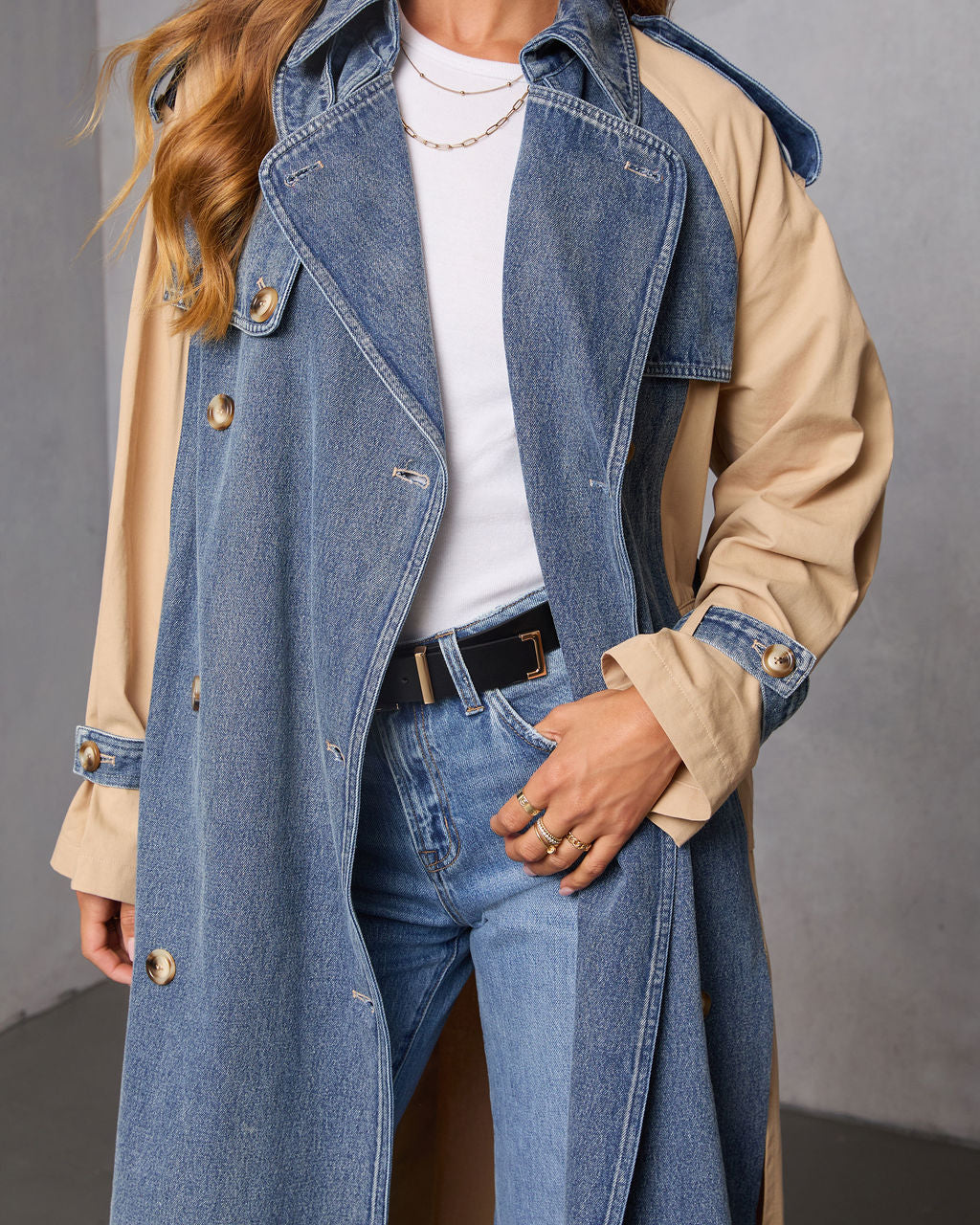 Fallen Oak Color Block Denim Trench Coat