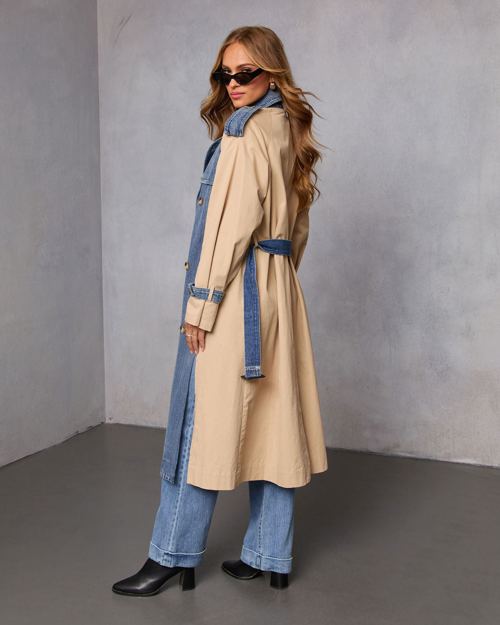 Fallen Oak Color Block Denim Trench Coat