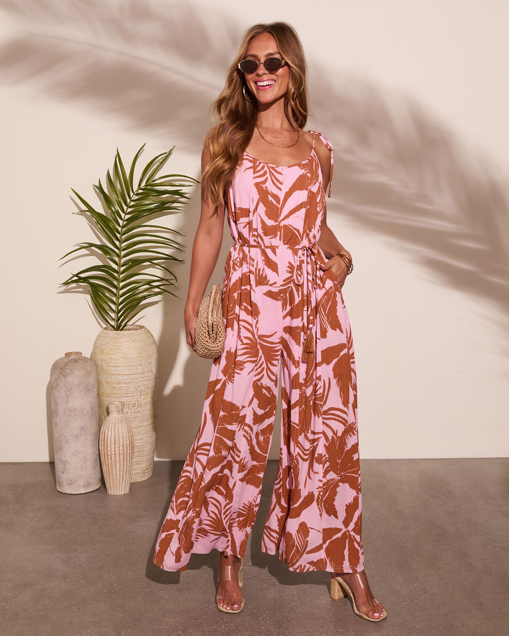 Marline Palm Print Waist Tie Jumpsuit