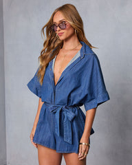 Prep Talk Waist Tie Chambray Romper