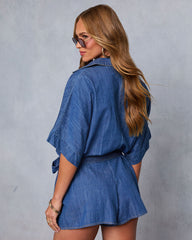 Prep Talk Waist Tie Chambray Romper