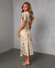 Charla Printed Lace Trim Satin Midi Dress